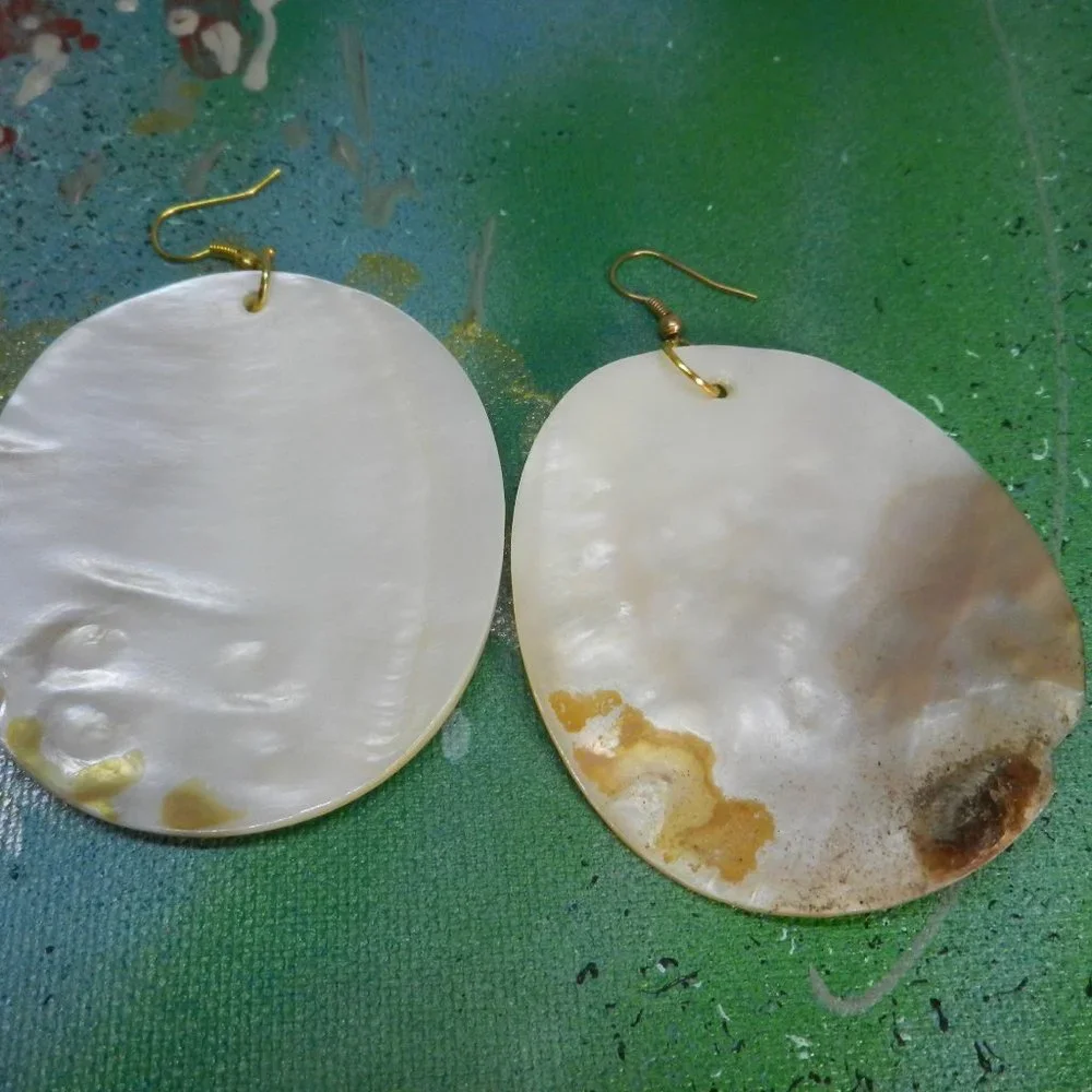 Large oval abalone medallion earrings ivory pearlescent drop and dangle pierced